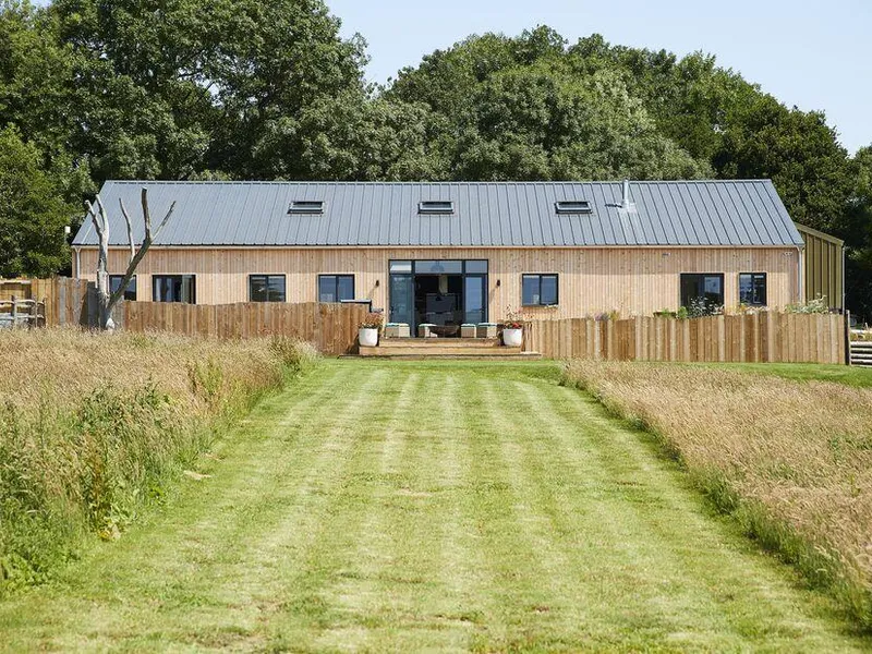 Bokes Barn, Hawkhurst with long lawn approach and large patio doors