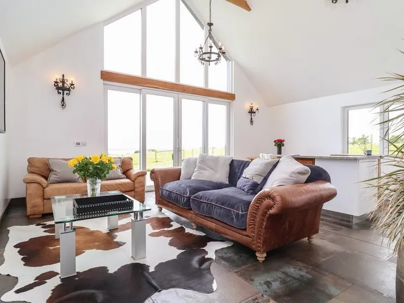Polly's Annexe lounge with large windows, cowhide rug and countryside views