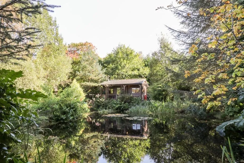 The Log Cabin surrounded by trees with a pond in the foreground.